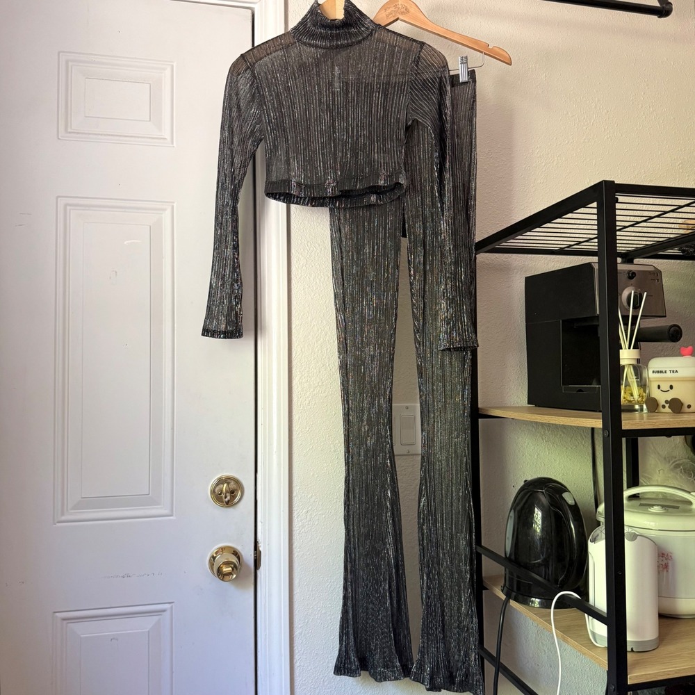 THE LINE BY K silver stretchy sheer cropped long sleeve top boot cut pant set